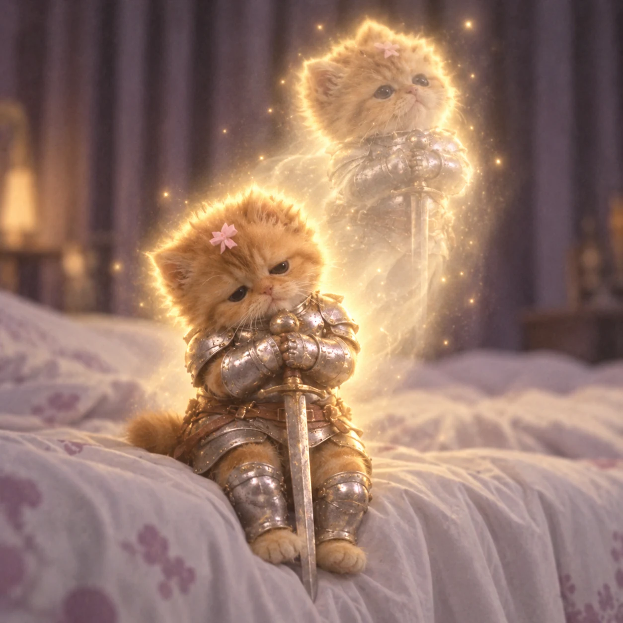 The sleepy armored kitten sits at the edge of the bed with its sword.