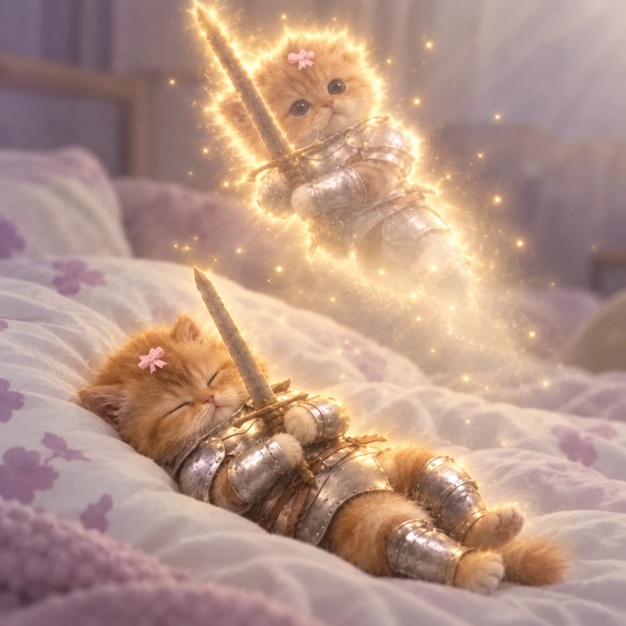 A translucent golden knight kitten floats above its sleeping body.