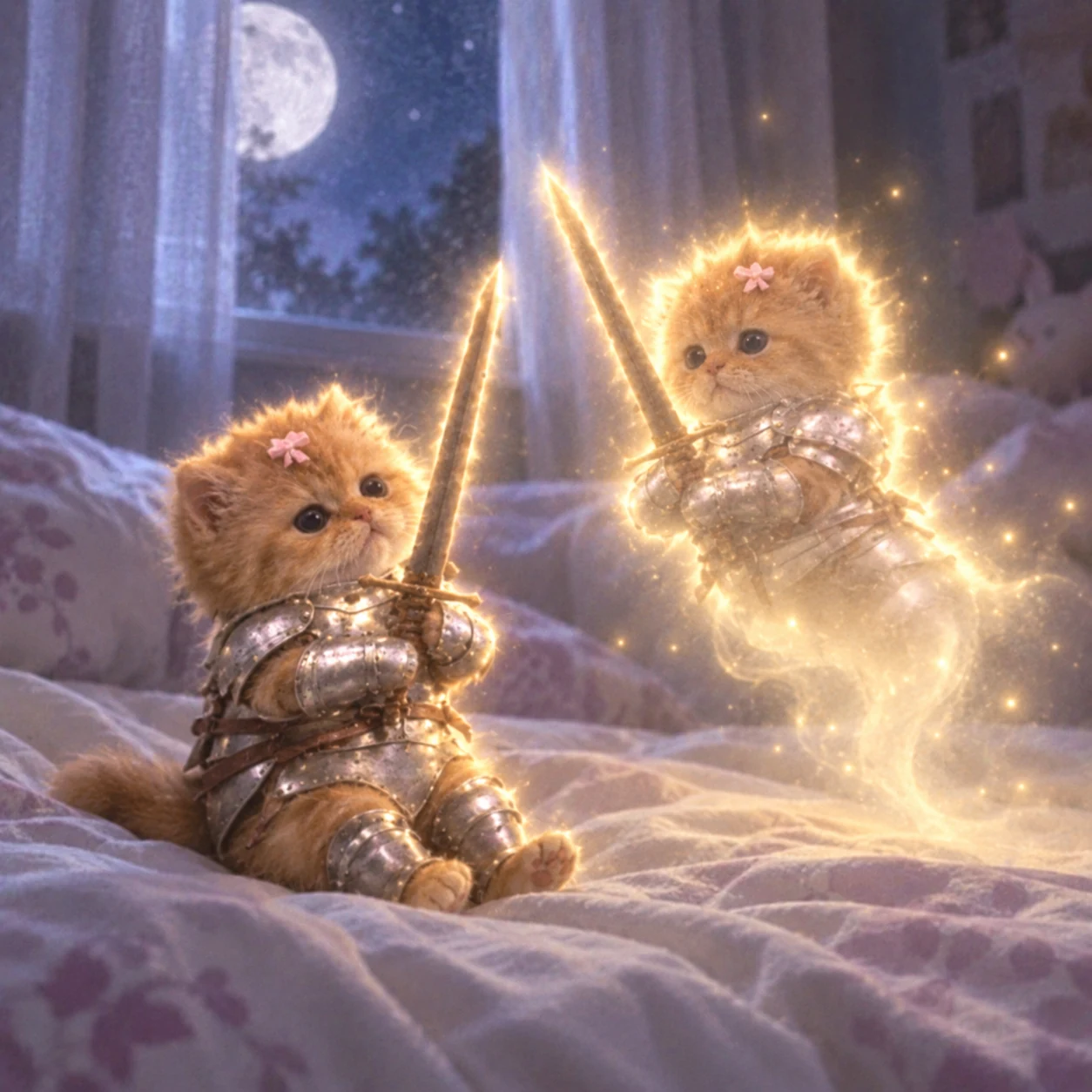 The kitten and its golden spirit hold matching swords by the moonlit bedroom window.