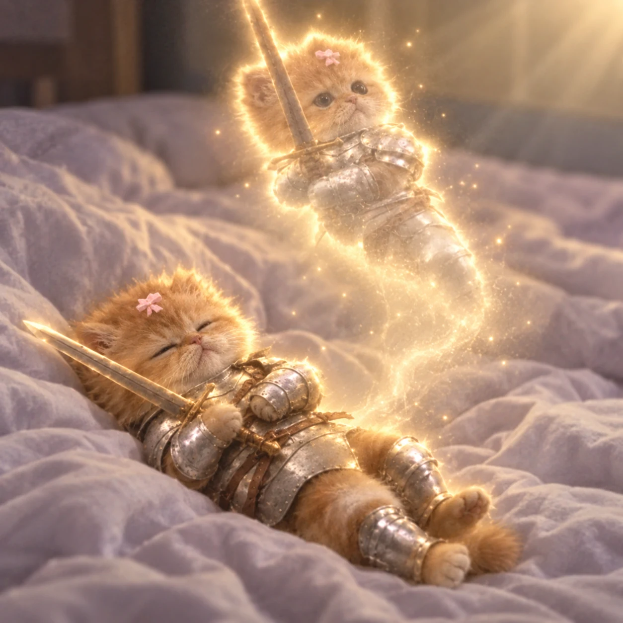 The kitten sleeps with a sword across its chest as its glowing spirit stands guard.